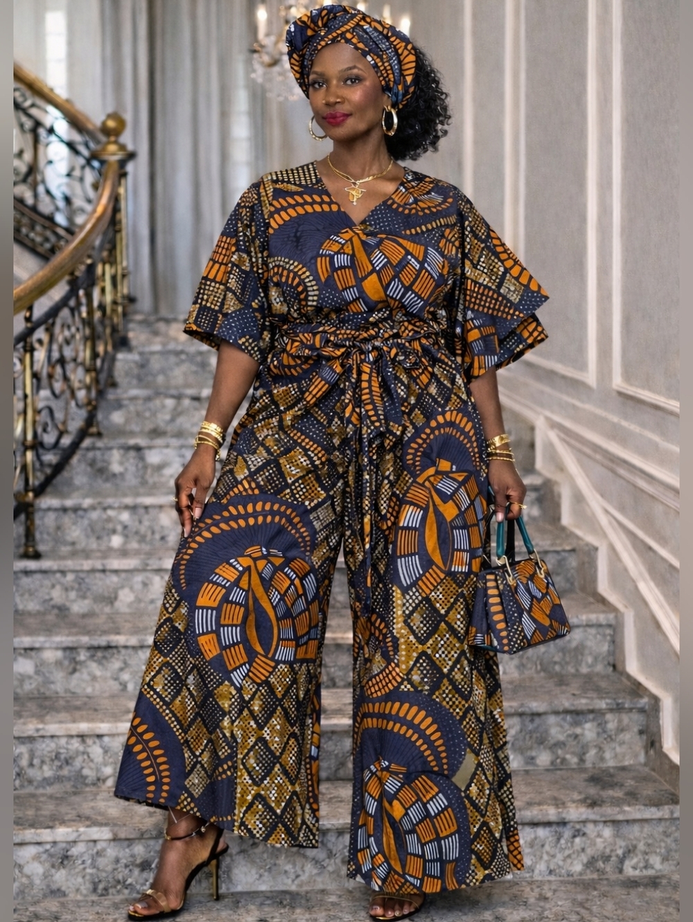 Free-Size Navy & Orange Printed Wide-Leg Pant Set - Fits M to 2XL